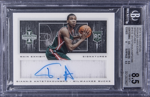 2013-14 Panini Innovation "Rookies Main Exhibit" #18 Giannis Antetokounmpo Signed Rookie Card - BGS NM-MT+ 8.5/ BGS 10